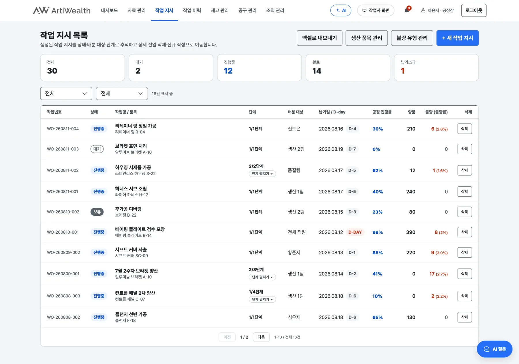 팩토로지 작업 지시 목록 화면